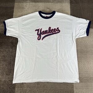 Vintage Nike New York Yankees Shirt Men's 2XL Swoosh Ringer Y2K 2000s White Blue